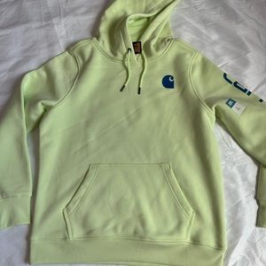 carhartt hoodie, size large, neon green with blue logo